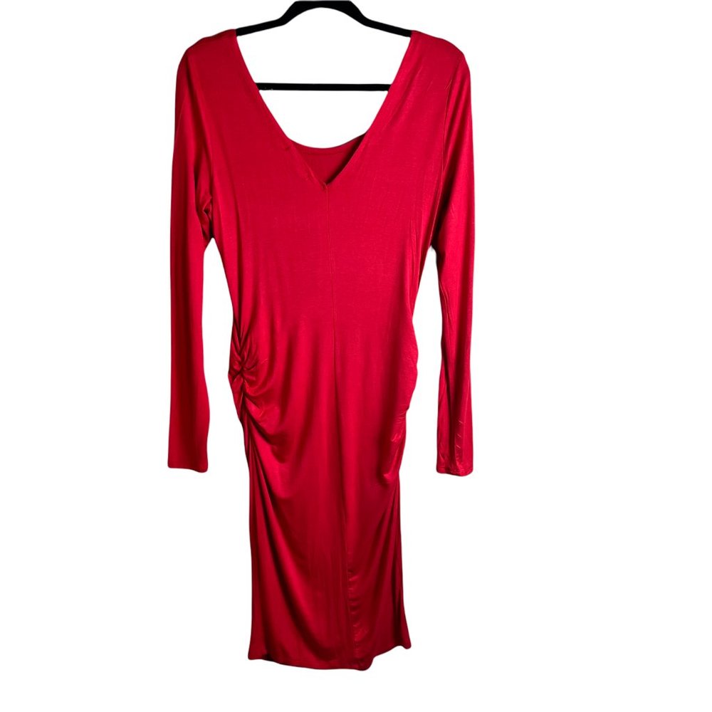 Thanth Womens Red Solid Long Sleeves V Neck Ruched Sheath Dress Size Large